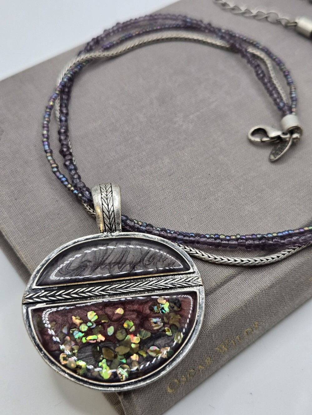Whimsigoth Boho Y2k Medallion Pendant Necklace Purple Glass Beads Silvertone 19"